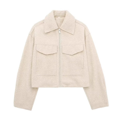 Women's Short Cut Sherpa Jacket with Zip and Flap Pockets EVA-US