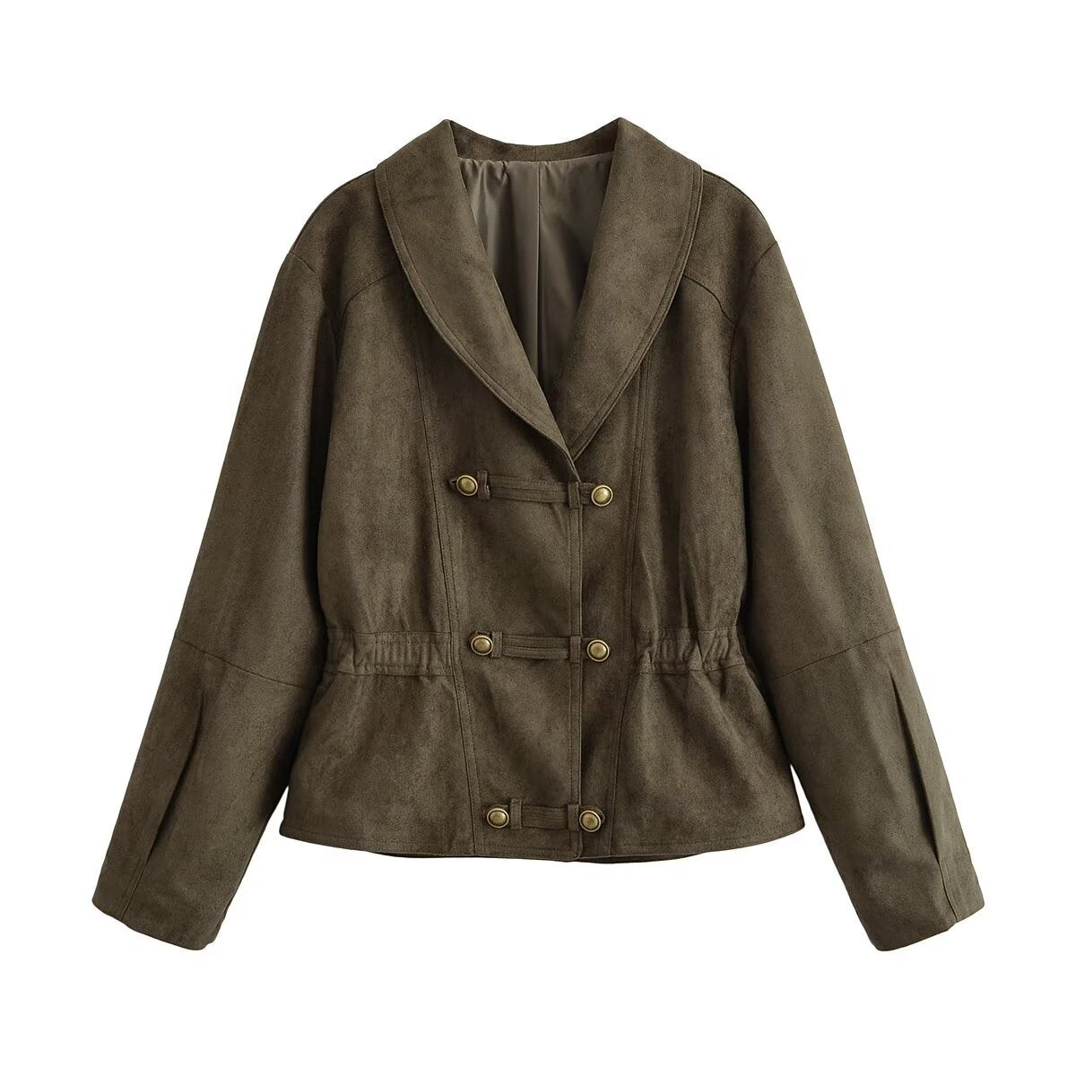 Women's Cropped Suede-Look Jacket with Shawl Collar, Waist Gather and Decorative Toggle Buttons EVA-US
