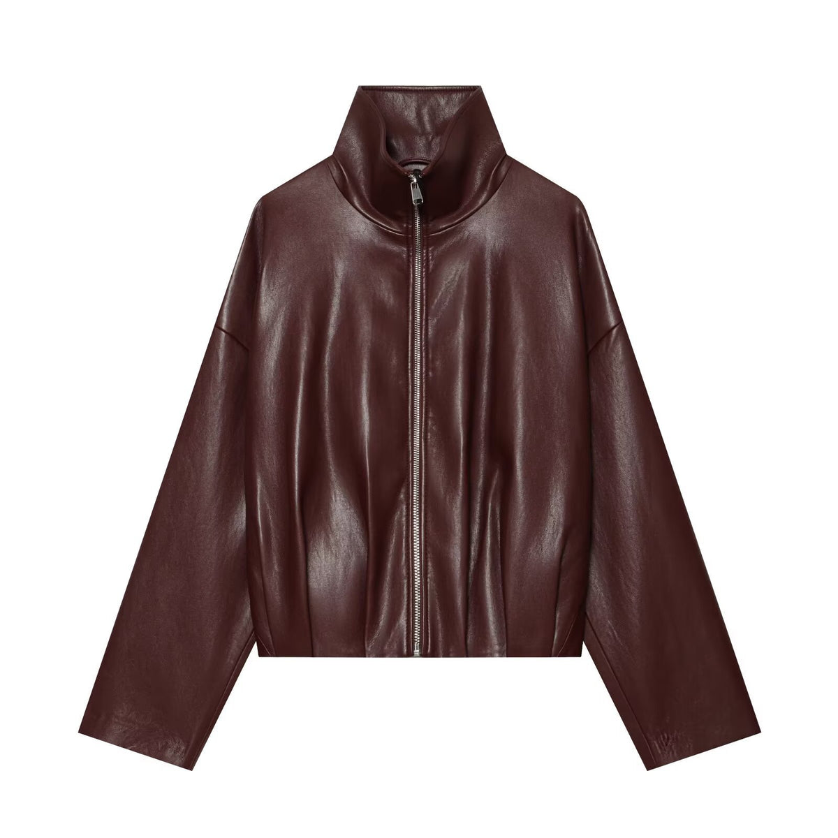 Women's Cropped Boxy Bomber Jacket in shiny leather look with high funnel collar EVA-US