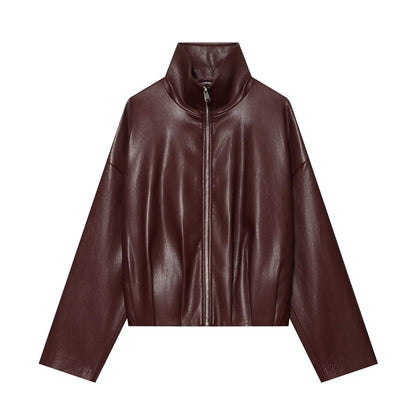 Women's Cropped Boxy Bomber Jacket in shiny leather look with high funnel collar EVA-US