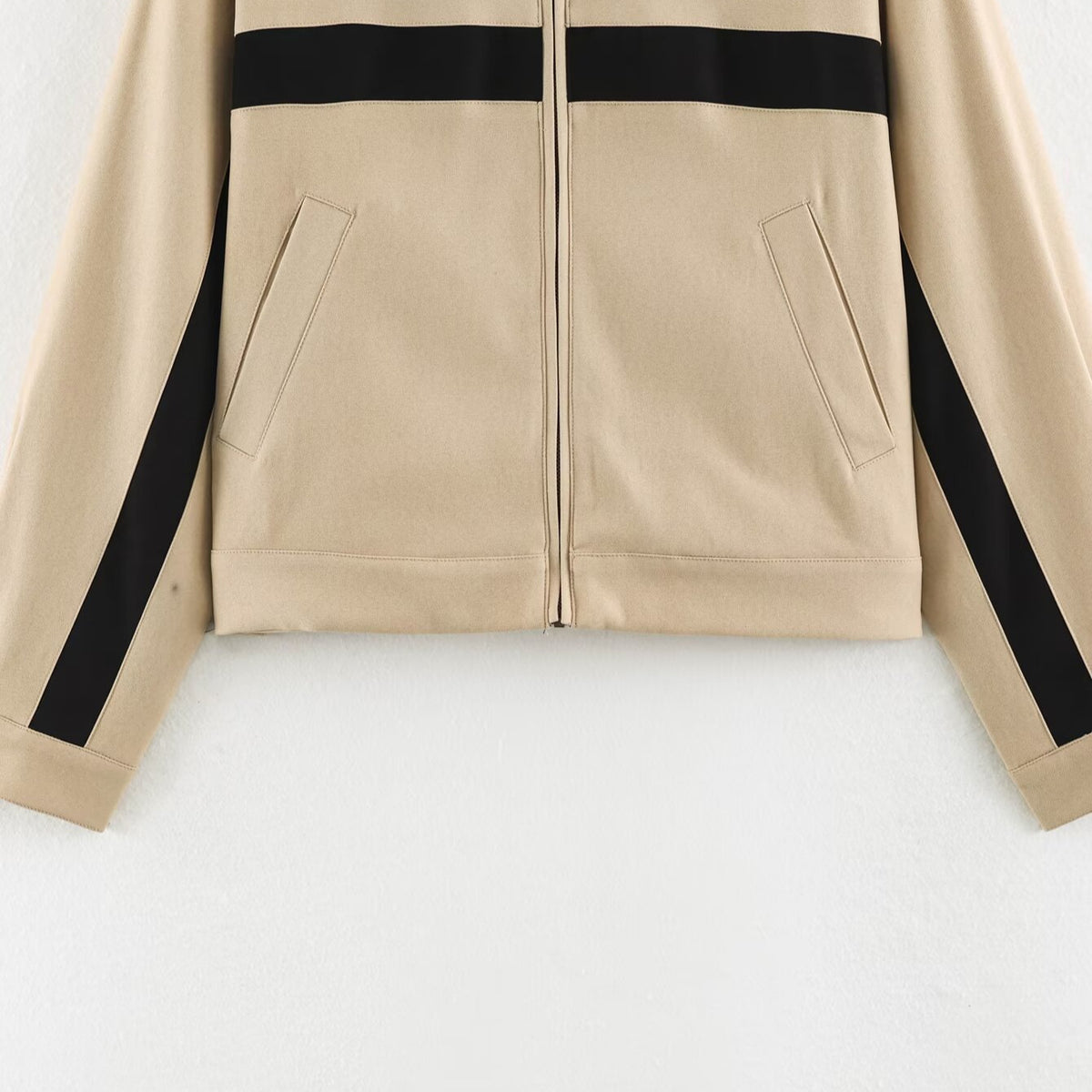 Ladies Cropped Track Jacket with Stand-up Collar, Zipper and Side Contrast Stripes EVA-US