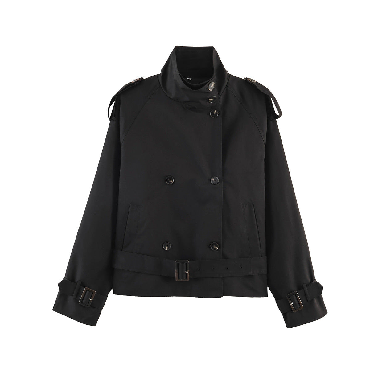 Women's Short Double-Breasted Waist Belt Trench Coat with High Funnel Collar and Shoulder Straps EVA-US