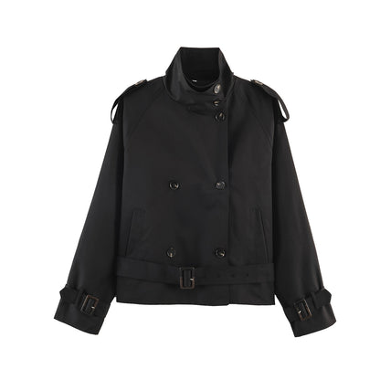 Women's Short Double-Breasted Waist Belt Trench Coat with High Funnel Collar and Shoulder Straps EVA-US