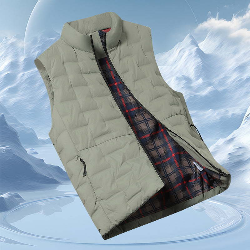 Men's Quilted Padded Vest with Checked Lining and Stand-Up Collar EVA-US