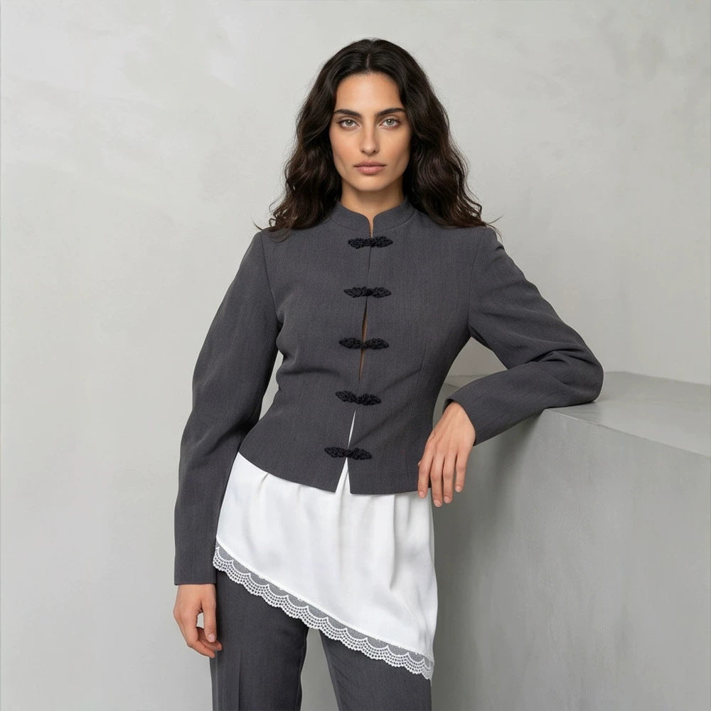 Women's Tailored Cropped Blazer with Mandarin Collar and Decorative Knot Closure EVA-US