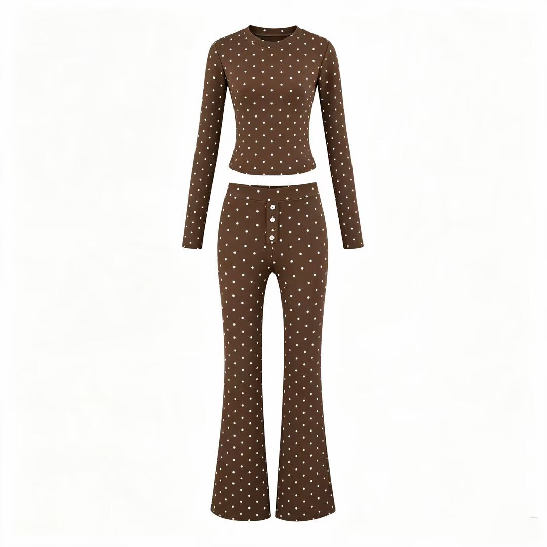 Women Two-Piece Stretch Jersey Lounge Set with Cropped Long Sleeve and High-Waist Flared Pants EVA-US