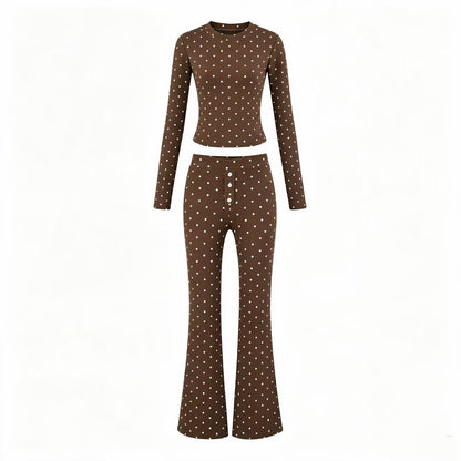 Women Two-Piece Stretch Jersey Lounge Set with Cropped Long Sleeve and High-Waist Flared Pants EVA-US