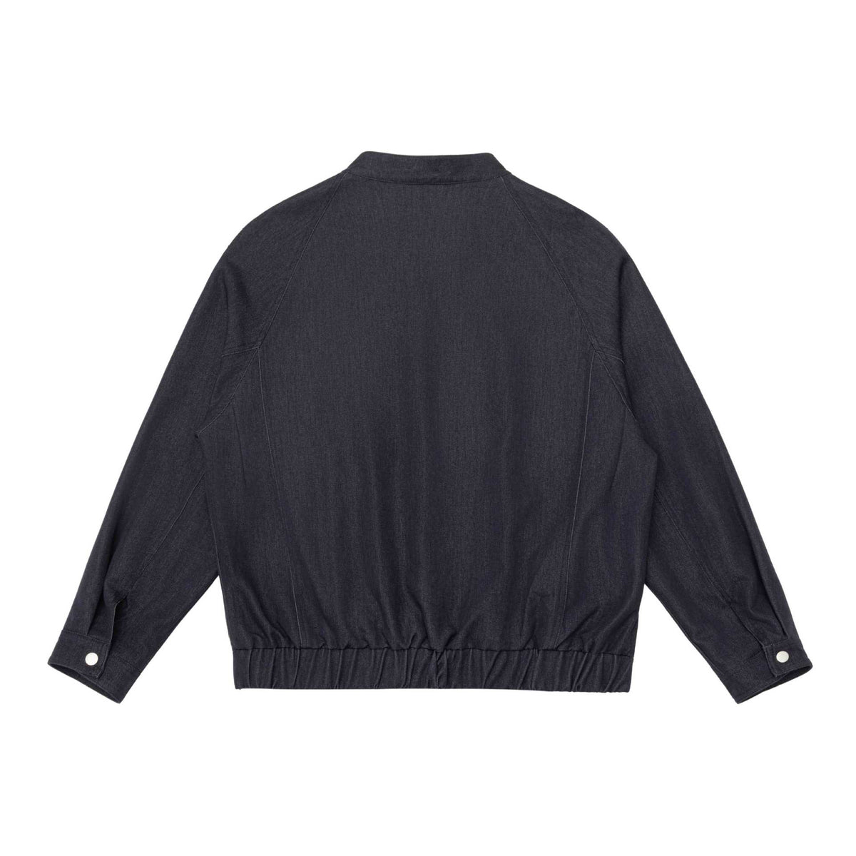Unisex Short Cut Denim Utility Jacket with Funnel Neck and Drawstring Hem EVA-US