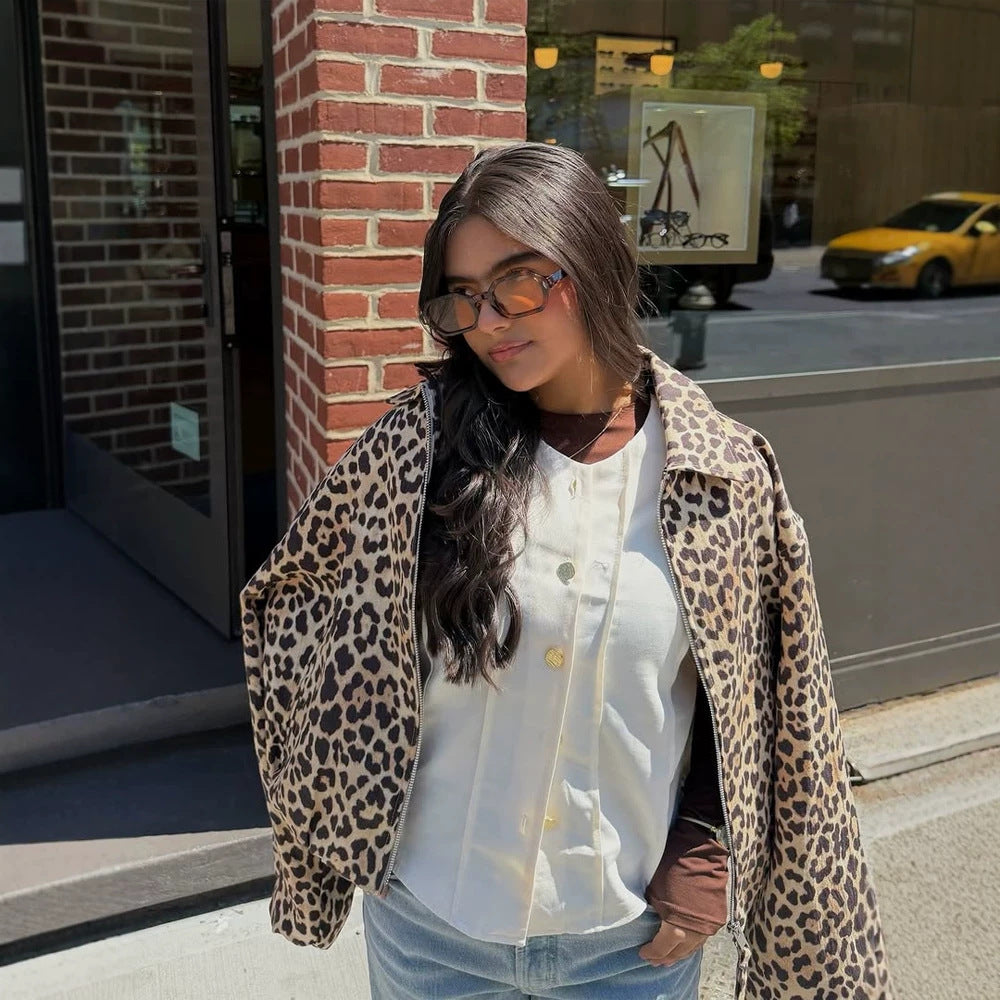Ladies padded oversized bomber jacket with leopard print and stand-up collar EVA-US