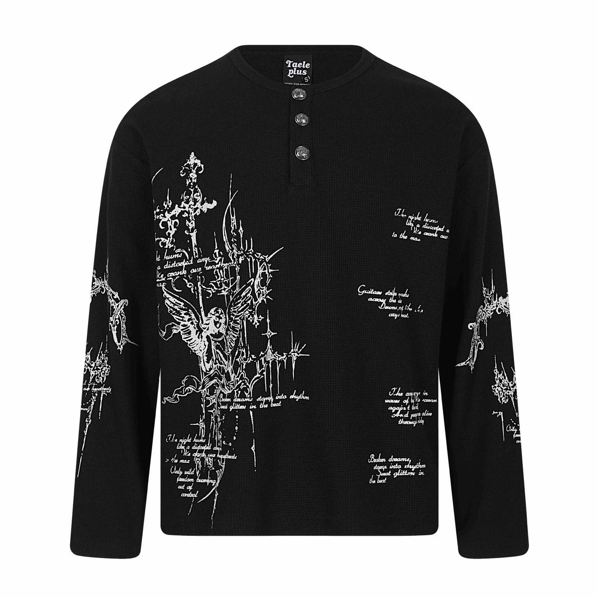 Unisex Waffle Knit Henley Long Sleeve Shirt with 3-Button Placket and Allover Print EVA-US