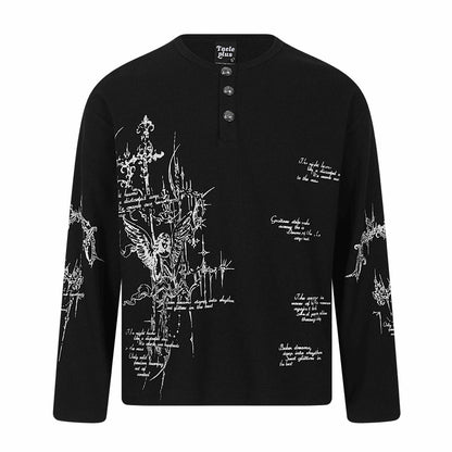 Unisex Waffle Knit Henley Long Sleeve Shirt with 3-Button Placket and Allover Print EVA-US