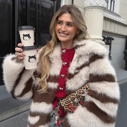 Women Striped Oversize Faux Fur Coat with Short Boxy Cut EVA-US