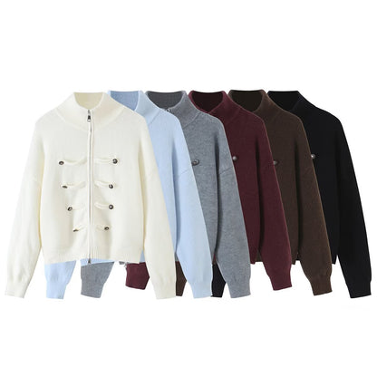 Ladies cardigan with stand-up collar, zipper and decorative knot trims EVA-US