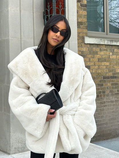 Women's Oversize Teddy Coat with Extra Large Shawl Collar and Wrap Belt EVA-US