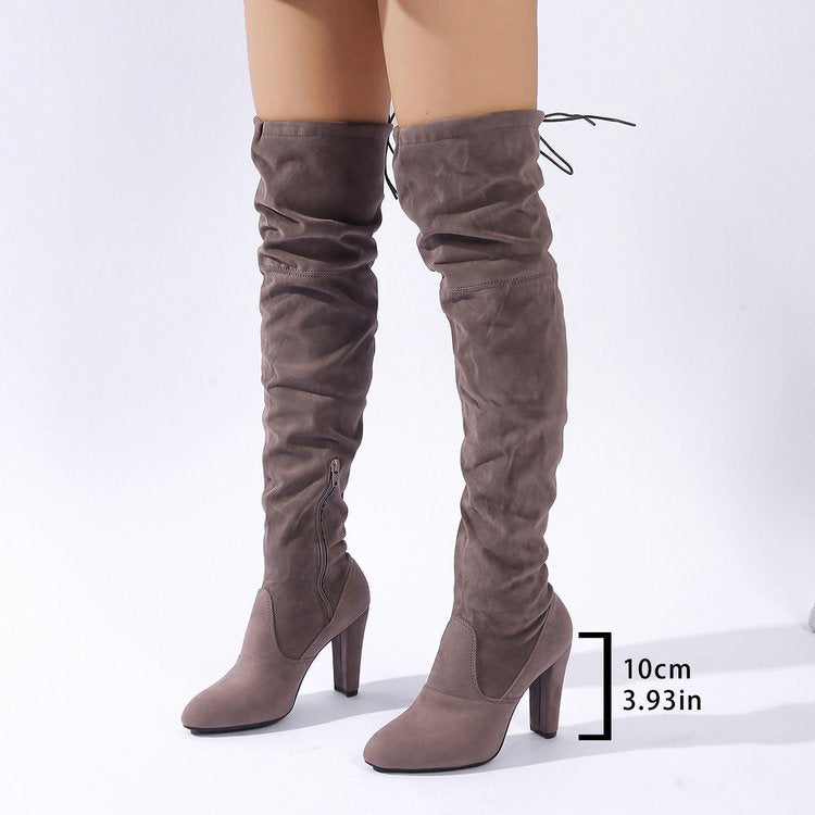 Women's Over-the-Knee Boots made of Suede with High Block Heel and Side Zipper EVA-US