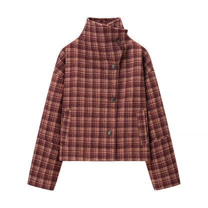Women's short jacket in checked pattern with boxy cut, stand-up collar and asymmetrical button placket EVA-US
