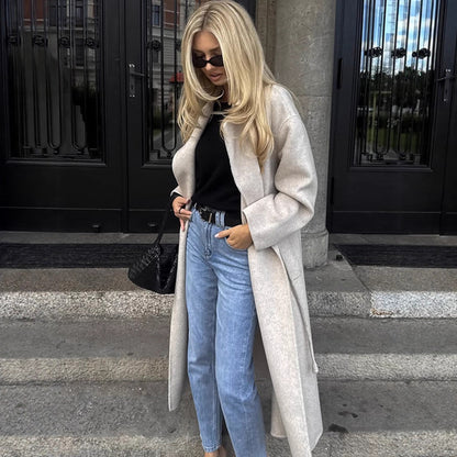 Women's Oversize Wool Blend Coat with Open Fall, Wide Shawl Collar and Straight Cut EVA-US