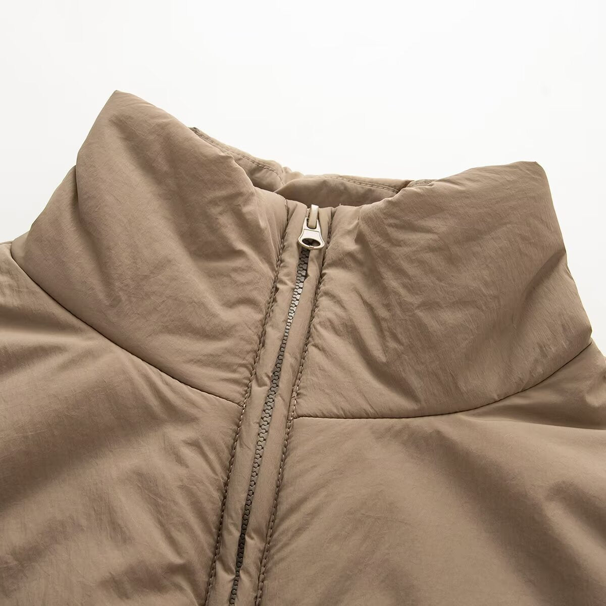 Women's Short Quilted Jacket with High Stand-Up Collar and Zipper Pockets EVA-US