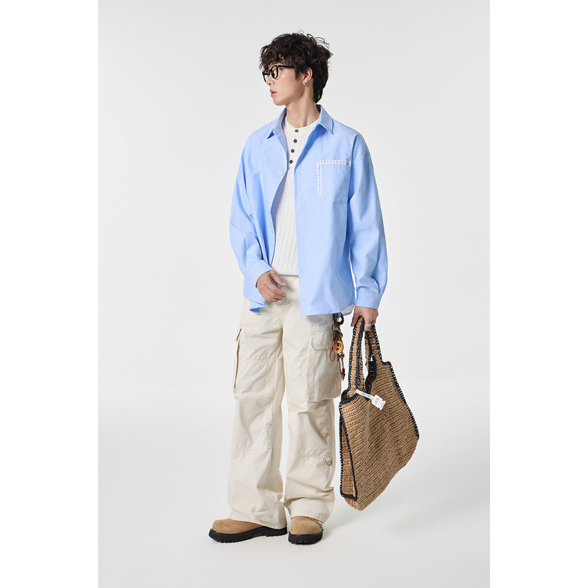 Women Oversize Cotton Shirt with Check Trim on Chest Pocket and Hem