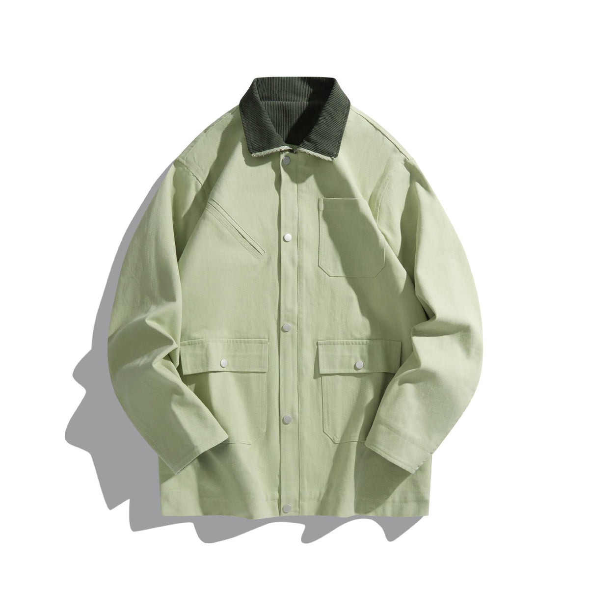 Unisex Short-Cut Boxy Canvas Jacket with Cord Collar, Snap Button Front and Utility Patch Pockets EVA-US