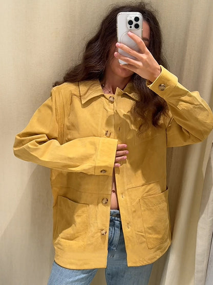 Women's Oversized Cotton Worker Jacket with Patch Pockets EVA-US