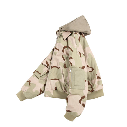 Unisex Oversize Cargo Bomber Jacket with Hood and Patches Utility Pockets EVA-US