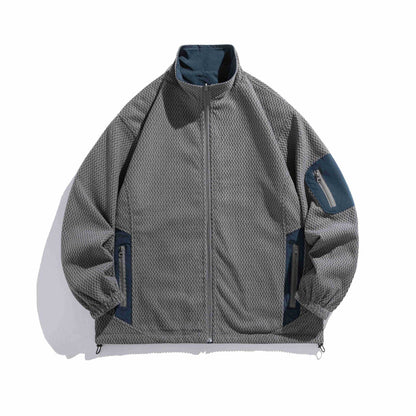 Unisex structure fleece jacket with high stand-up collar, zip pockets and drawstring hem EVA-US