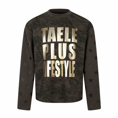 Unisex Oversize Sweatshirt with Camouflage Print, Star Sleeve Application and Large Metallic Print EVA-US