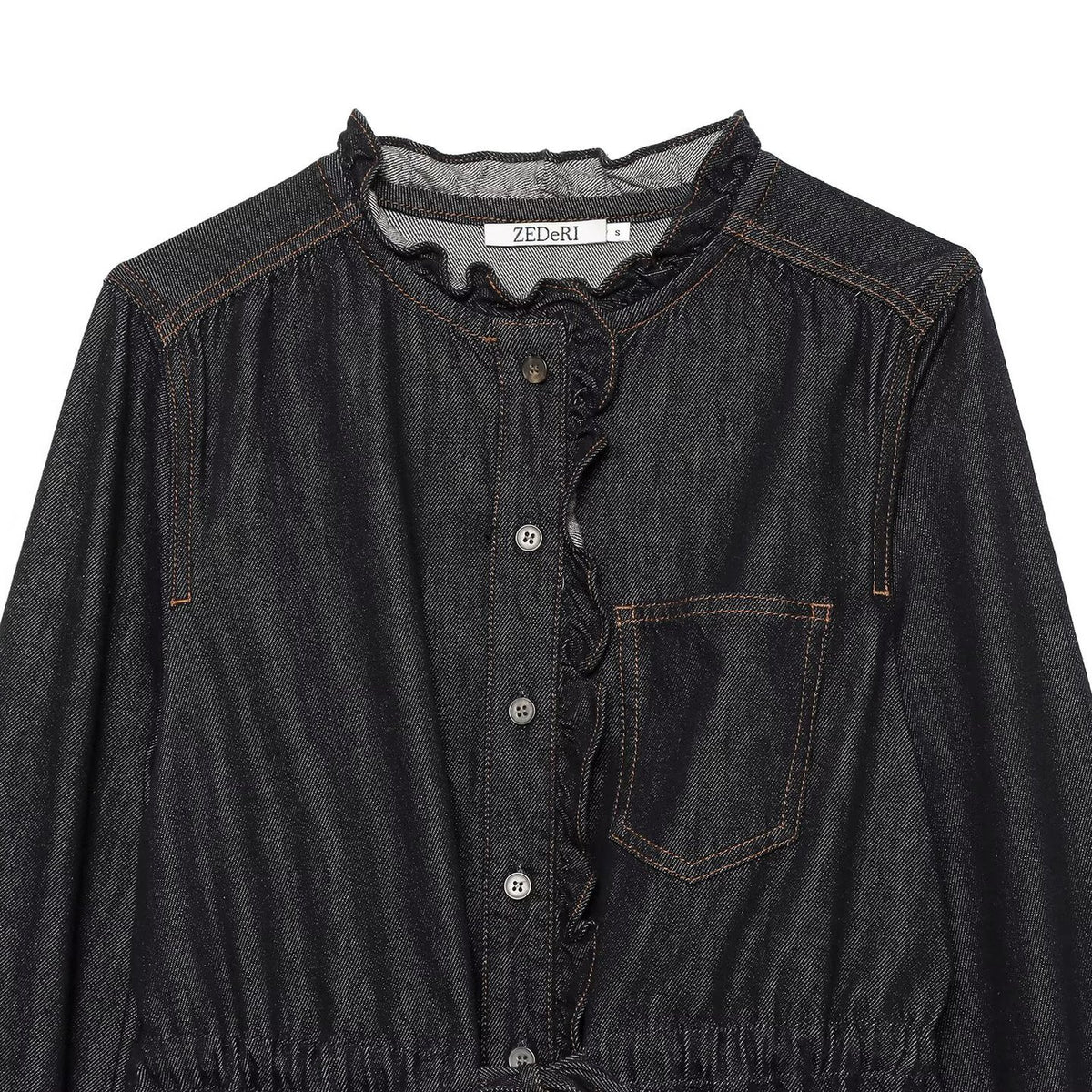 Women's jeans blouse with ruffle trim, drawstring waist and cuffed sleeves EVA-US