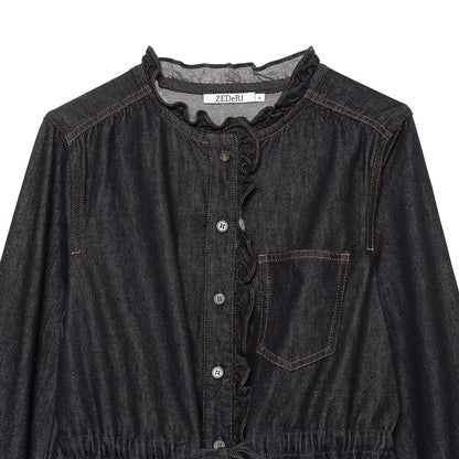 Women's jeans blouse with ruffle trim, drawstring waist and cuffed sleeves EVA-US