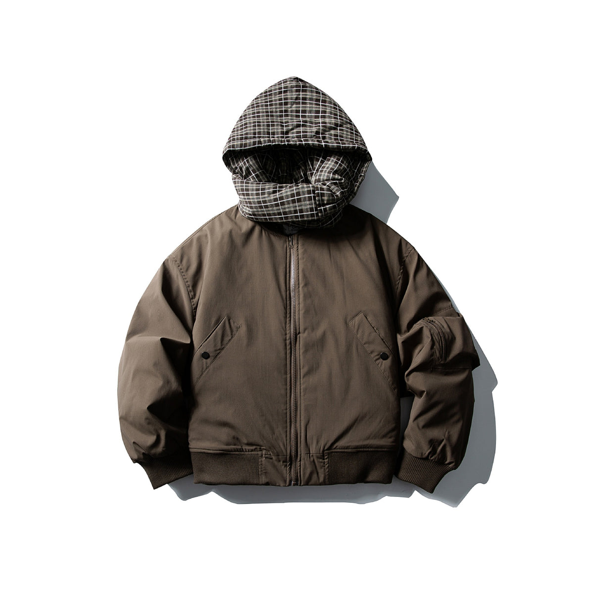 Men's Windproof Bomber Jacket with Quilted Checkered Hood and Integrated Scarf EVA-US