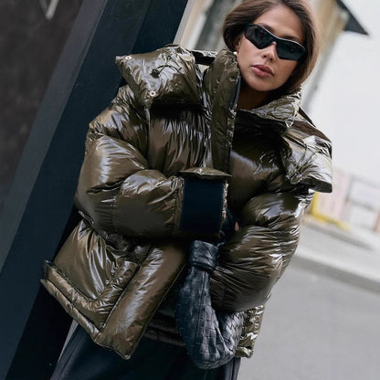 Women's padded short jacket with high-gloss finish, oversized cut, and hood EVA-US