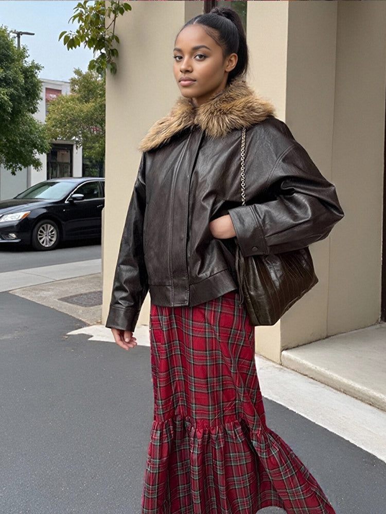 Women Boxy Faux Leather Blouson with Removable Faux Fur Collar and Concealed Button Placket EVA-US