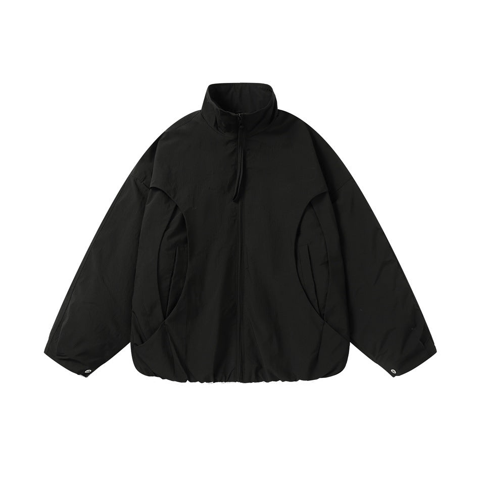 Unisex Short-cut Oversize Boxy Blouson with High Stand-up Collar, Curved Pocket Design and Elastic Hem EVA-US