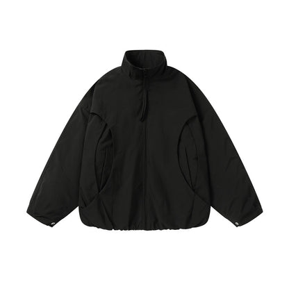 Unisex Short-cut Oversize Boxy Blouson with High Stand-up Collar, Curved Pocket Design and Elastic Hem EVA-US