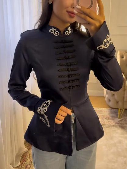 Women Tailored Satin Jacket with Mandarin Collar, decorative cord fastenings and embroidered cuffs EVA-US