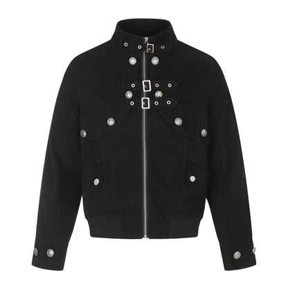 Women's short jacket in boxy cut with stand-up collar, buckle straps, and flap pockets.