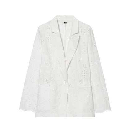 Women's Lightweight Broderie Anglaise Blazer with Shawl Collar and Eyelet Embroidery EVA-US