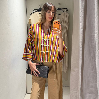 Women's Striped Lightweight Short Blouse with V-Neck, Three-Quarter Sleeves & Decorative Knot Closures EVA-US