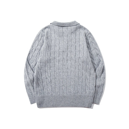 Unisex Structured Cable Knit Sweater with Polo Collar and Deep V-Neck EVA-US