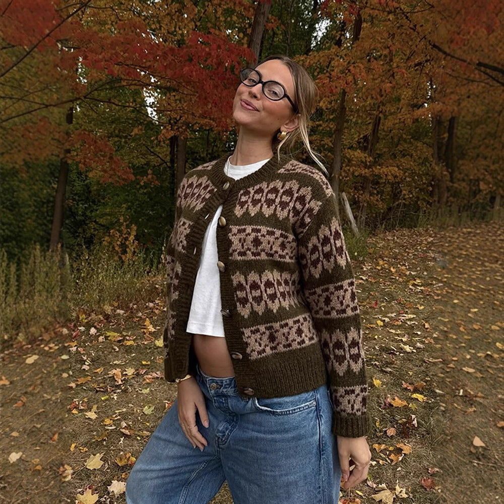 Women's Norwegian pattern cardigan with button placket and ribbed hem EVA-US