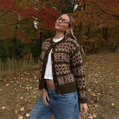 Women's Norwegian pattern cardigan with button placket and ribbed hem EVA-US