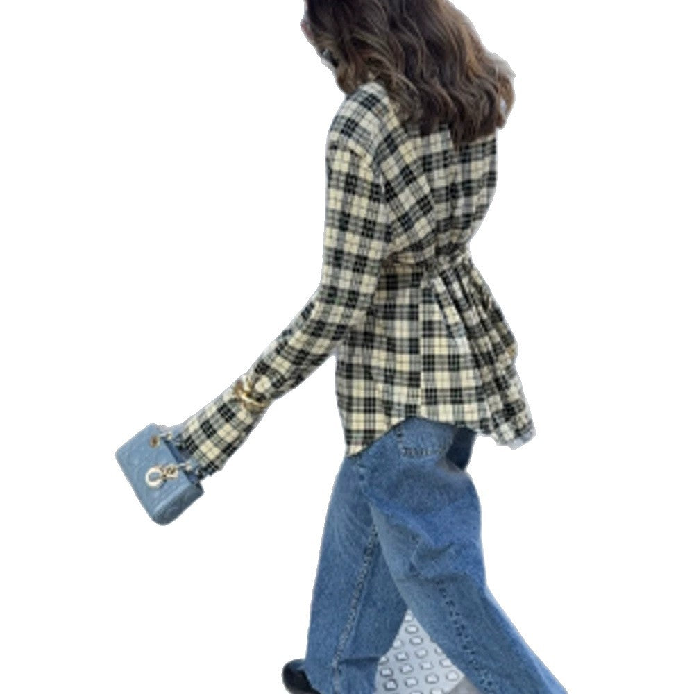 Women Check Shirt Jacket with Emphasized Shoulders and Oversized Cut EVA-US