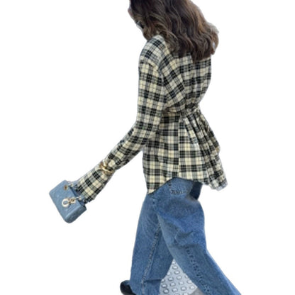 Women Check Shirt Jacket with Emphasized Shoulders and Oversized Cut EVA-US