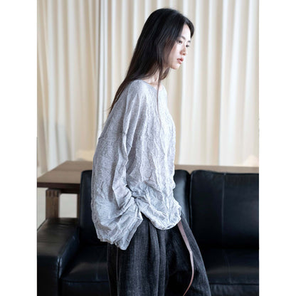 Women's Crinkled Oversize Blouse made of Linen Blend with Textured Pleated Look EVA-US