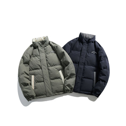 Unisex Short Cut Padded Puffer Jacket with High Stand-Up Collar and Striped Pocket Flaps EVA-US