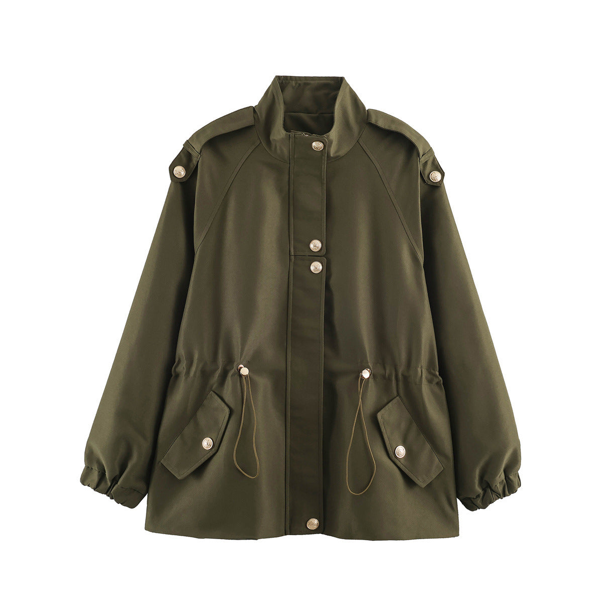 Women's short jacket in utility style with drawstring, raglan sleeves and metal button placket EVA-US