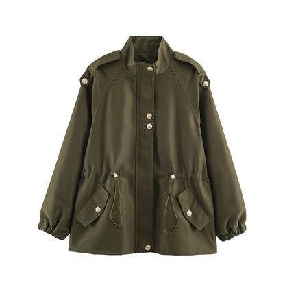 Women's short jacket in utility style with drawstring, raglan sleeves and metal button placket EVA-US