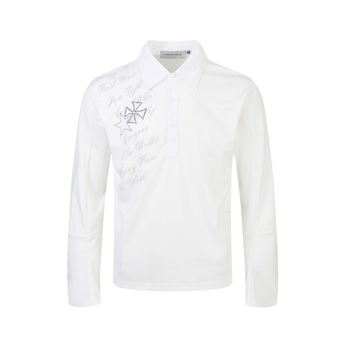 Women’s polo shirt-long sleeve shirt with shirt collar, text print and rhinestone application EVA-US