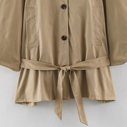Women Short Cape Trench with Wide Batwing Sleeve, Stand Collar and Waist Belt EVA-US
